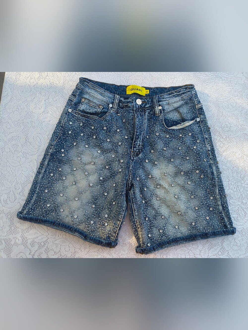 Guapi Aqua Blue Embellished Denim Shorts Size 32